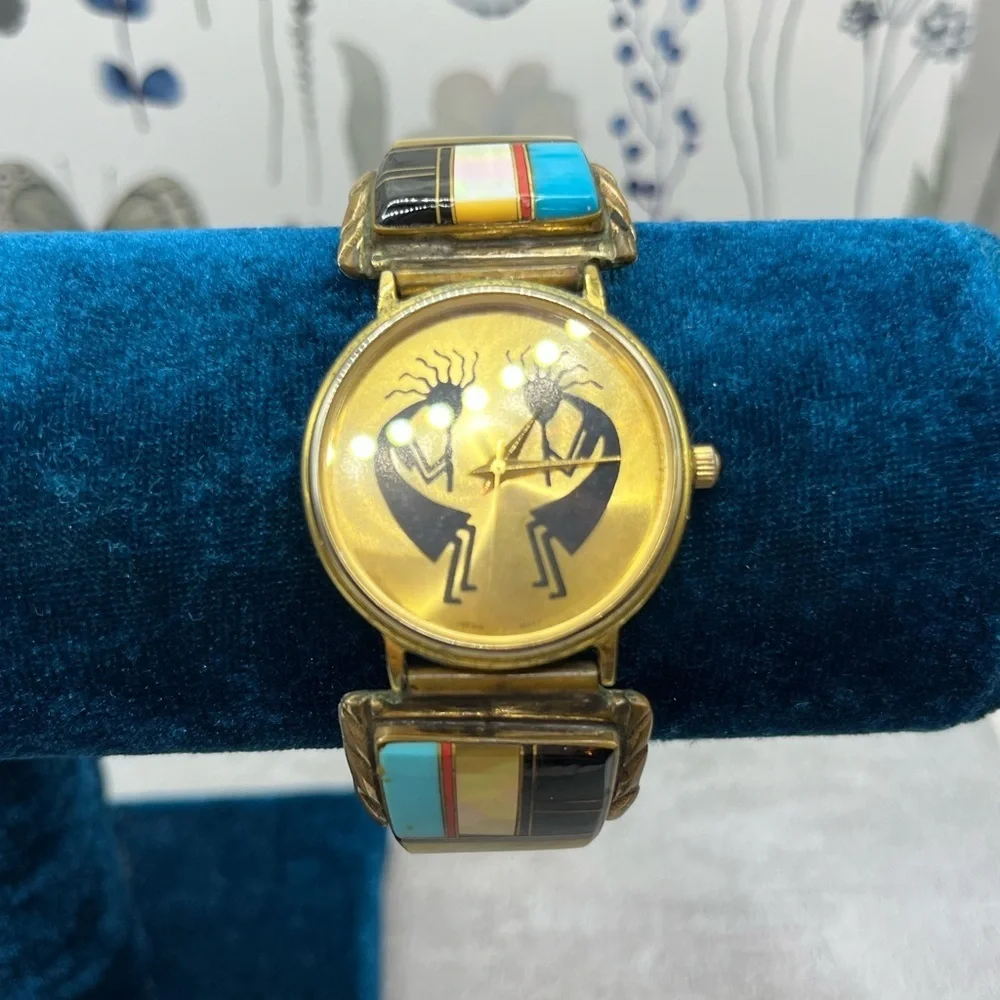 Watch Tip Albert Yazzie Gold Watch 925 Colorful Turquoise Onyx MOP Coral VTG